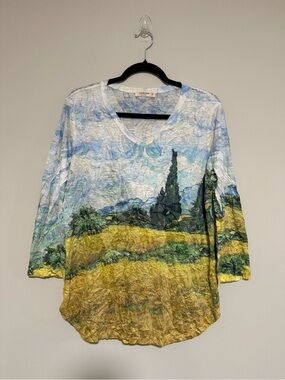 Jess & Jane Impressionist Scenic Print V-Neck Top Size Medium Art to Wear